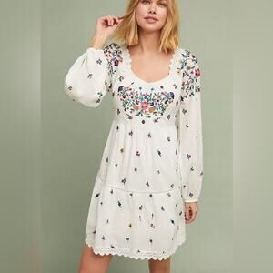 MAEVE Sydney Embroidered Peasant Creme Bohemian Dress Womens Sz S